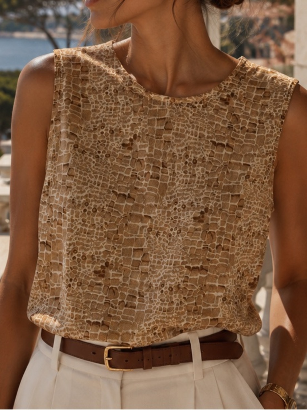 Belford Silk Blend Sleeveless Beige  Croc-Print Tank Top Shell Luxury Classic